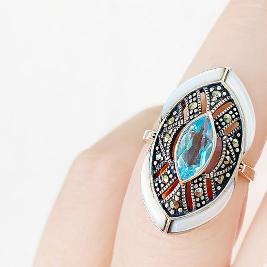 Blue Topaz and Mother of Pearl Shield Ring - Victoria's Jewellery