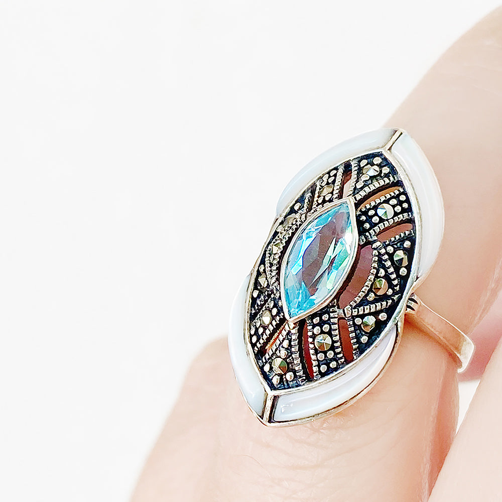 Blue Topaz and Mother of Pearl Shield Ring - Victoria's Jewellery