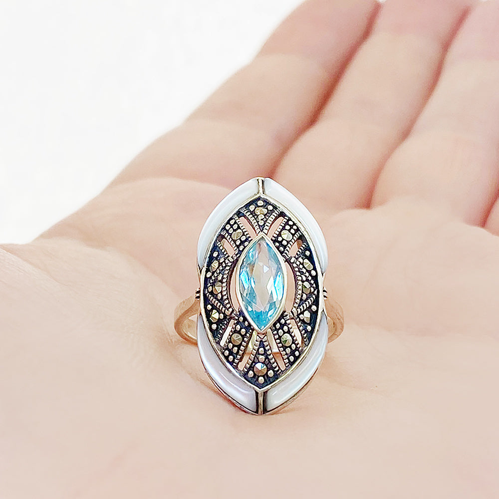 Blue Topaz and Mother of Pearl Shield Ring - Victoria's Jewellery