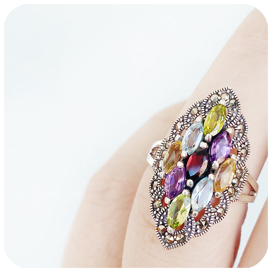 marquise cut rainbow semi-precious gemstone ring with a vintage style - Victoria's Jewellery
