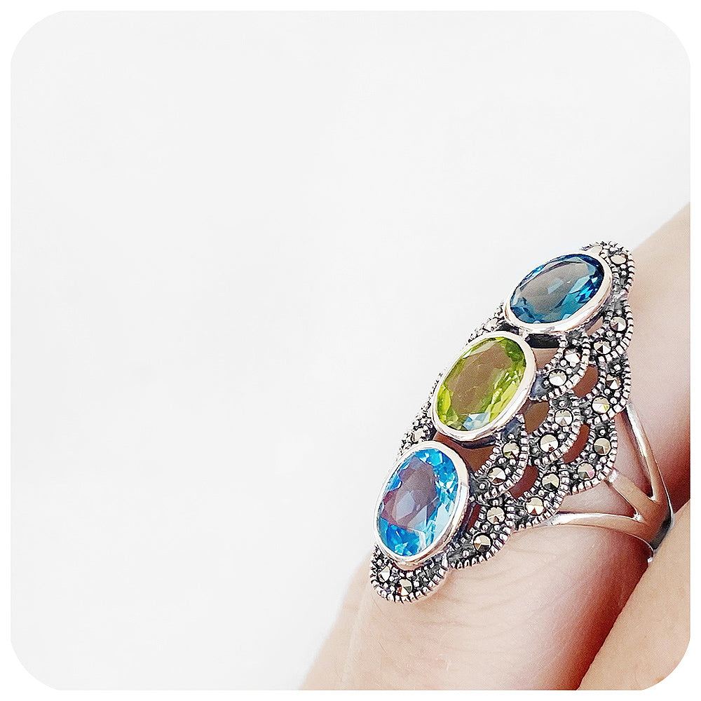 Oval Cut Blue Topaz & Natural Peridot Sterling Silver Filigree outlet Ring Size 6