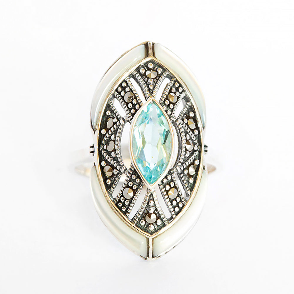 Blue Topaz and Mother of Pearl Shield Ring - Victoria's Jewellery