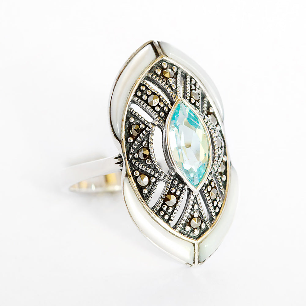 Blue Topaz and Mother of Pearl Shield Ring - Victoria's Jewellery