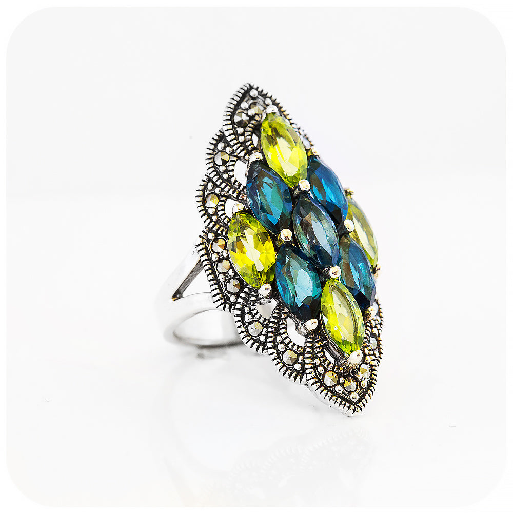 vintage marquise cut peridot and london blue topaz cluster ring