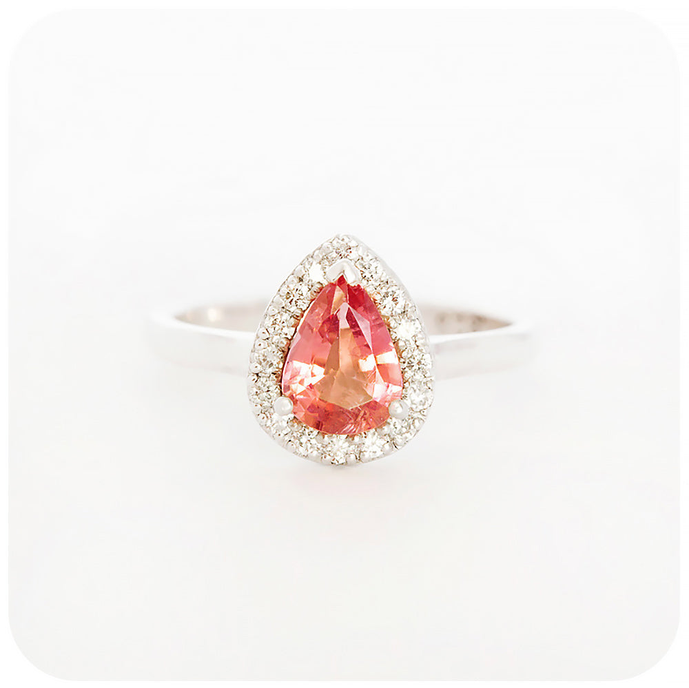Pear cut Pink Tourmaline and Moissanite Halo Engagement Ring - Victoria's Jewellery