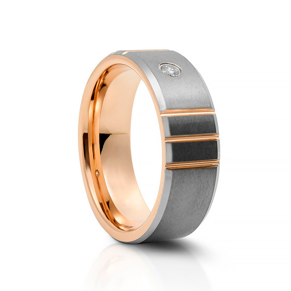 Tungsten mens wedding ring with silver brushed finish and rose gold plating, featuring a cubic zirconia stone - Victoria's Jewellery