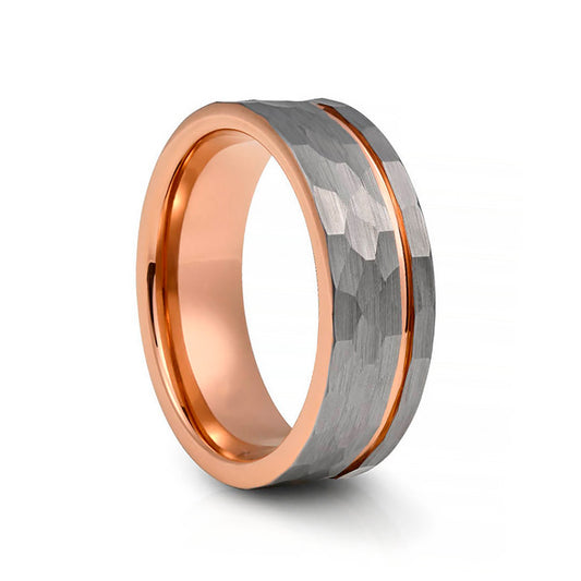 Hammered Tungsten and Rose Gold Mens Wedding Ring - Victoria's Jewellery