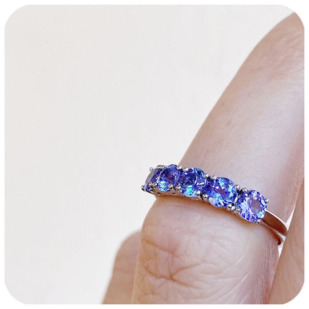 Brilliant Round cut Tanzanite Half Eternity Anniversary December Birthstone Ring - Victoria's Jewellery