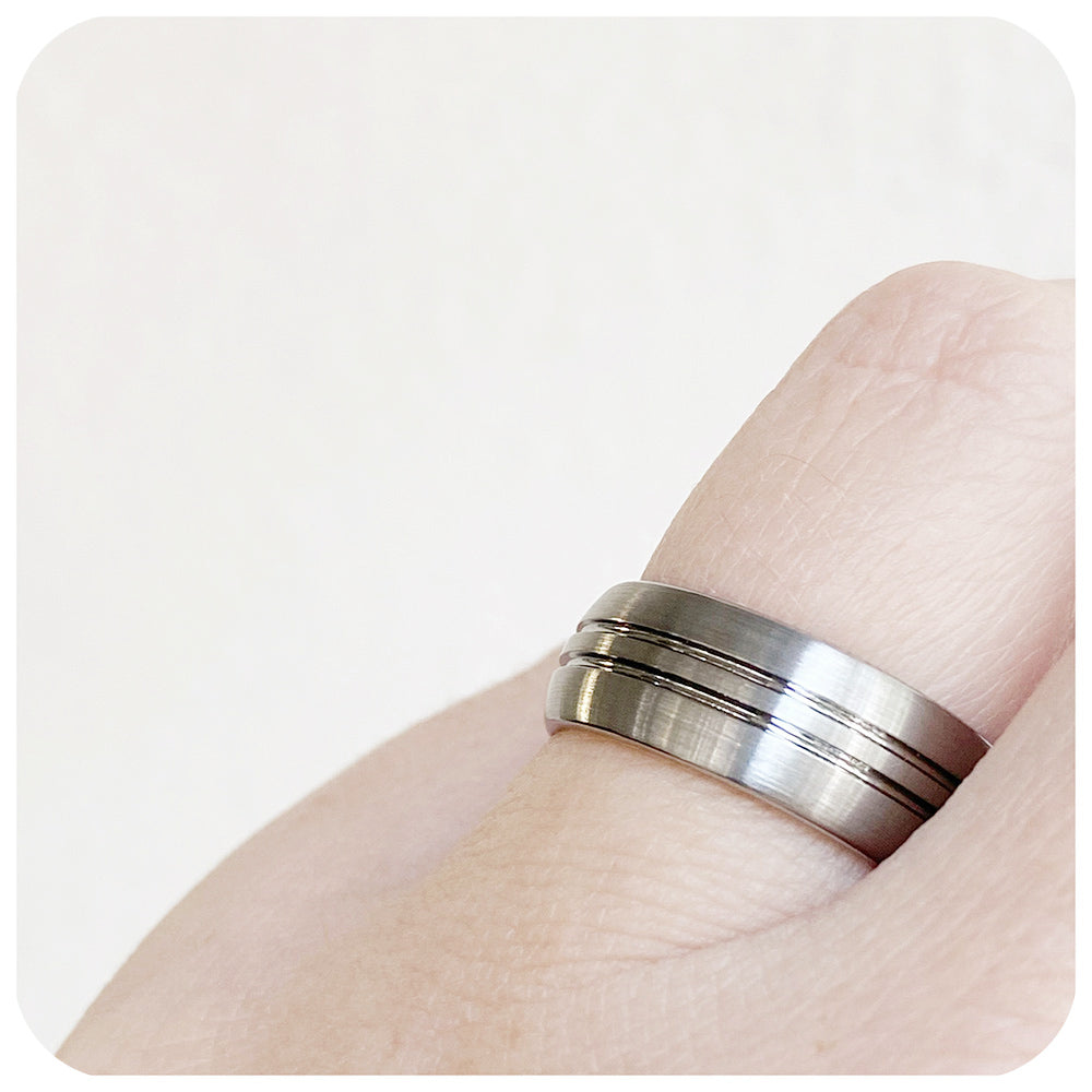 Emmett, a Brushed with Shiny Grooves Tungsten Ring - 8mm