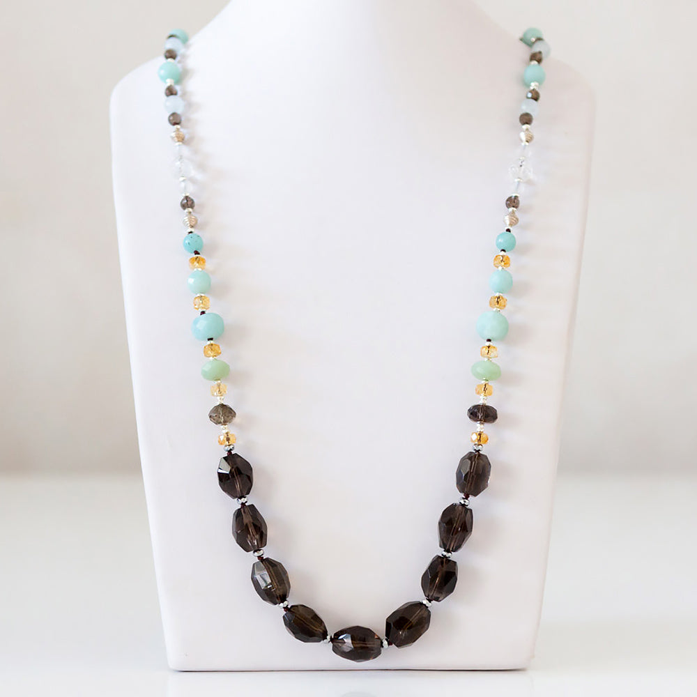 Smoky Quartz, Amazonite, Citrine and Rock Crystal Necklace - 90cm