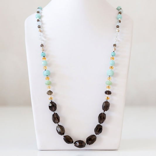 Smoky Quartz, Amazonite, Citrine and Rock Crystal Necklace - 90cm