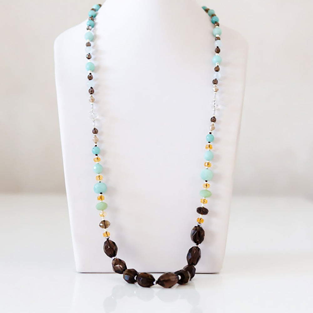 Smoky Quartz, Amazonite, Citrine and Rock Crystal Necklace - 90cm