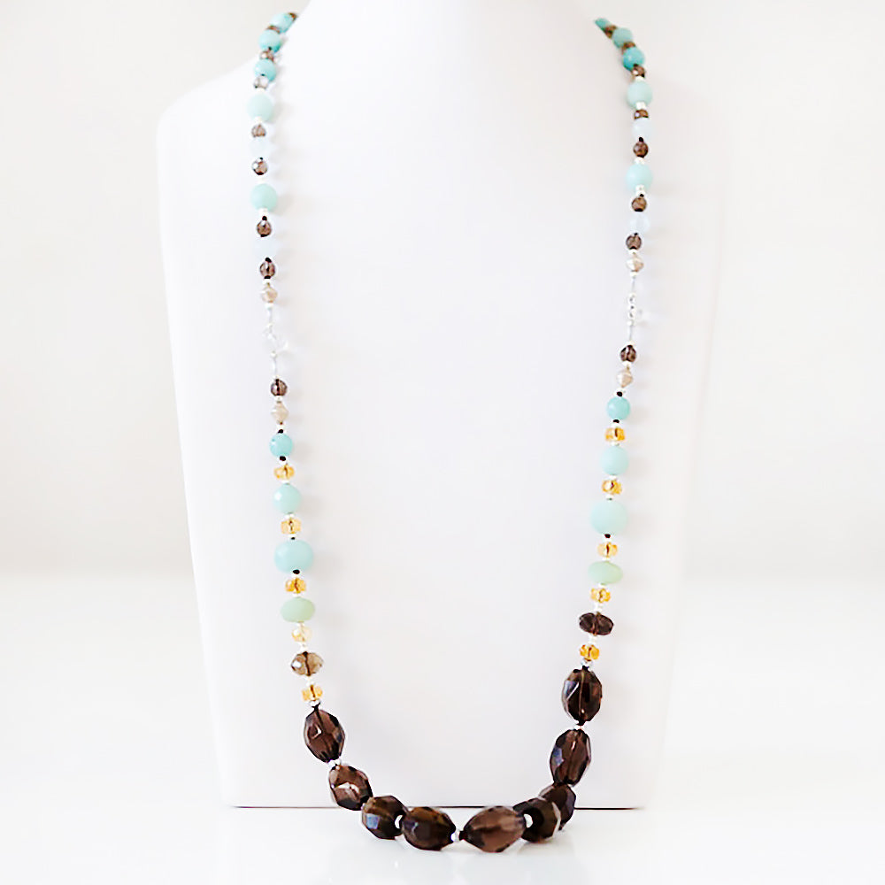 Smoky Quartz, Amazonite, Citrine and Rock Crystal Necklace - 90cm - Victoria's Jewellery