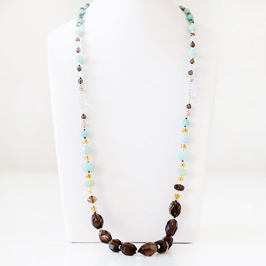 Smoky Quartz, Amazonite, Citrine and Rock Crystal Necklace - 90cm - Victoria's Jewellery