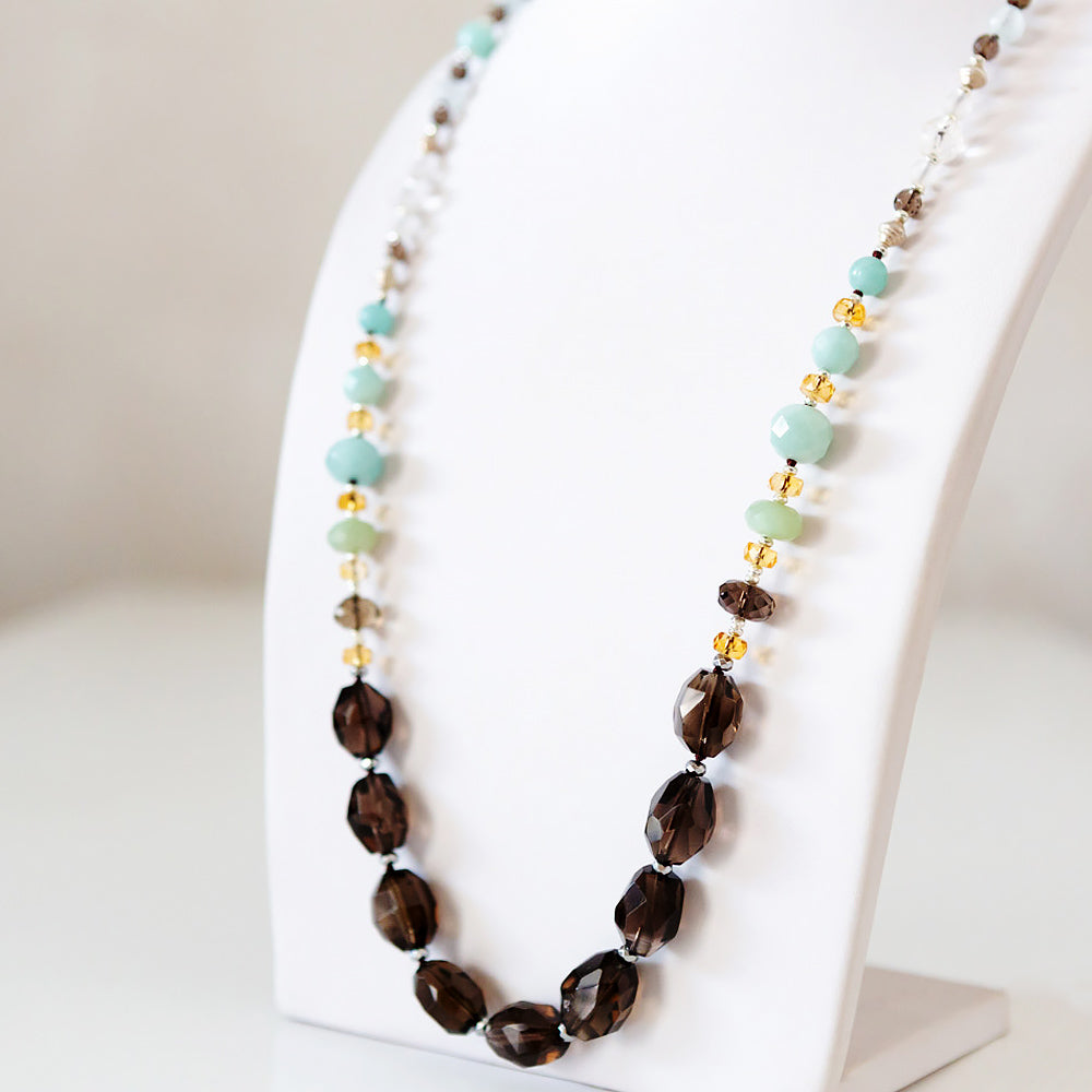 Smoky Quartz, Amazonite, Citrine and Rock Crystal Necklace - 90cm