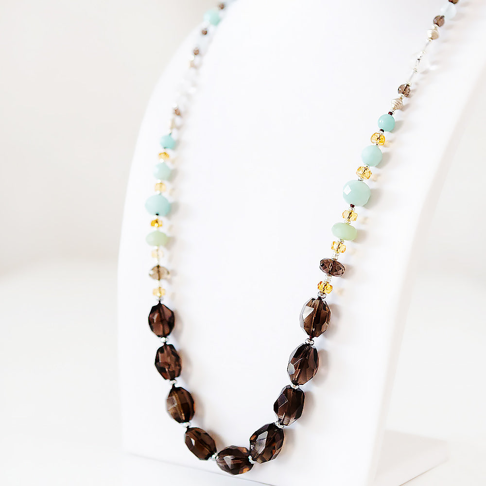 Smoky Quartz, Amazonite, Citrine and Rock Crystal Necklace - 90cm - Victoria's Jewellery