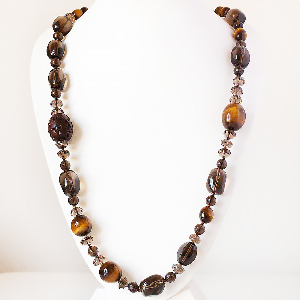 The Brown, Smoky Quartz, Tiger Eye and Carved Wood Necklace - Victoria's Jewellery
