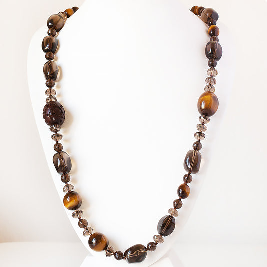The Brown, Smoky Quartz, Tiger Eye and Carved Wood Necklace - Victoria's Jewellery