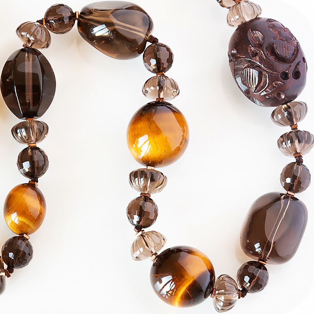 The Brown, Smoky Quartz, Tiger Eye and Carved Wood Necklace - Victoria's Jewellery