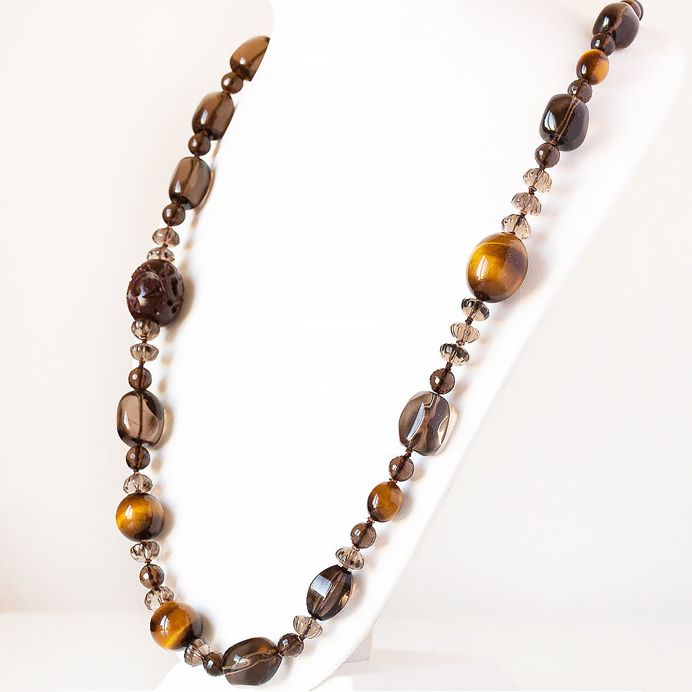 The Brown, Smoky Quartz, Tiger Eye and Carved Wood Necklace - Victoria's Jewellery