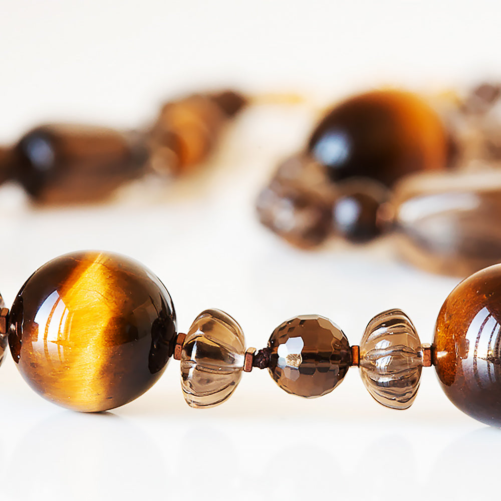 The Brown, Smoky Quartz, Tiger Eye and Carved Wood Necklace - Victoria's Jewellery
