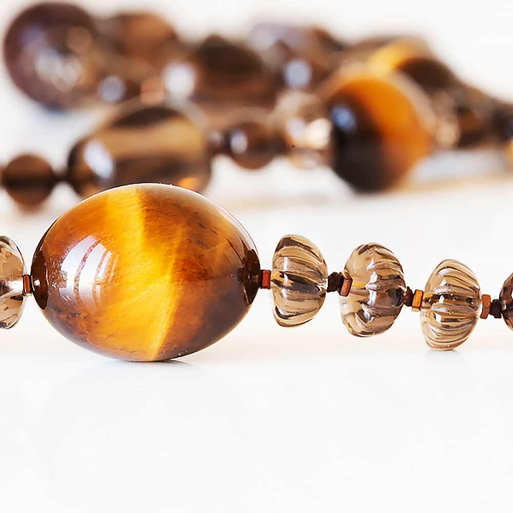 The Brown, Smoky Quartz, Tiger Eye and Carved Wood Necklace - Victoria's Jewellery