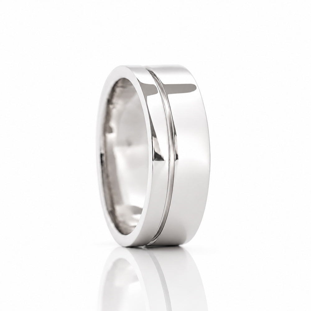 Angelo, Gold Grooved Mens Wedding Ring - Polished - Victoria's Jewellery