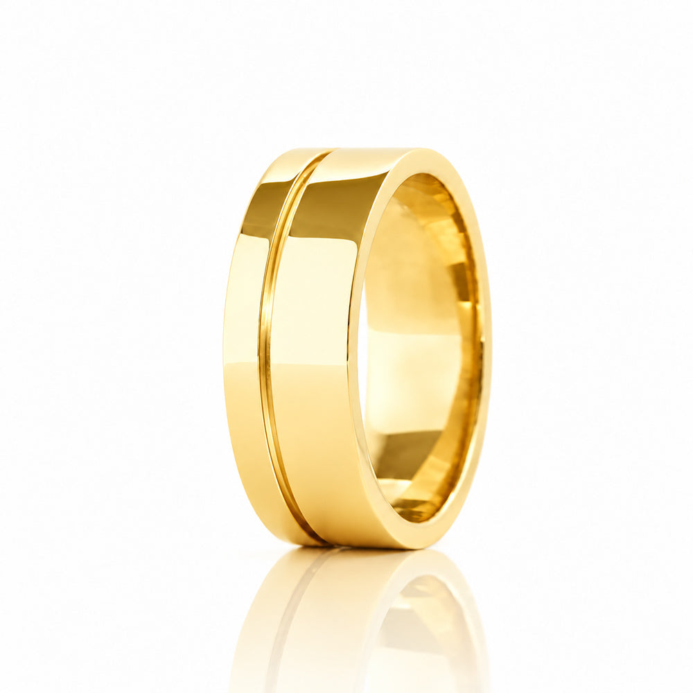 Angelo, Gold Grooved Mens Wedding Ring - Polished - Victoria's Jewellery