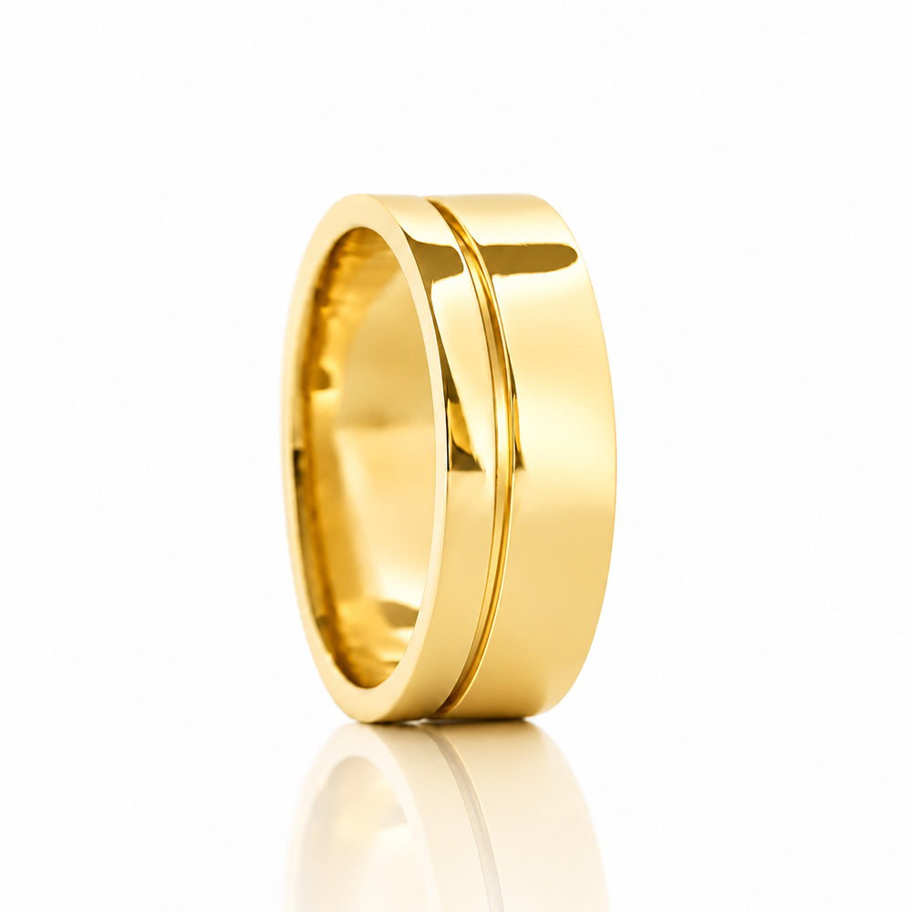 Angelo, Gold Grooved Mens Wedding Ring - Polished - Victoria's Jewellery