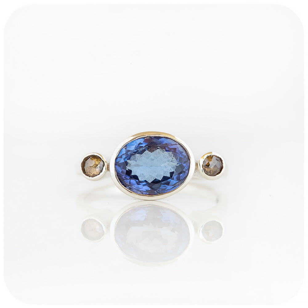Tanzanite and Brown Diamond Trilogy Ring in Silver - Victoria's Jewellery