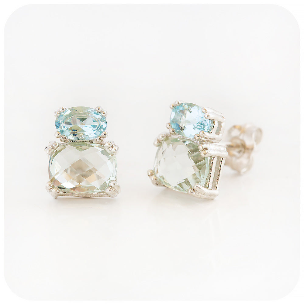 sky blue topaz and prasiolite stud earrings in sterling silver