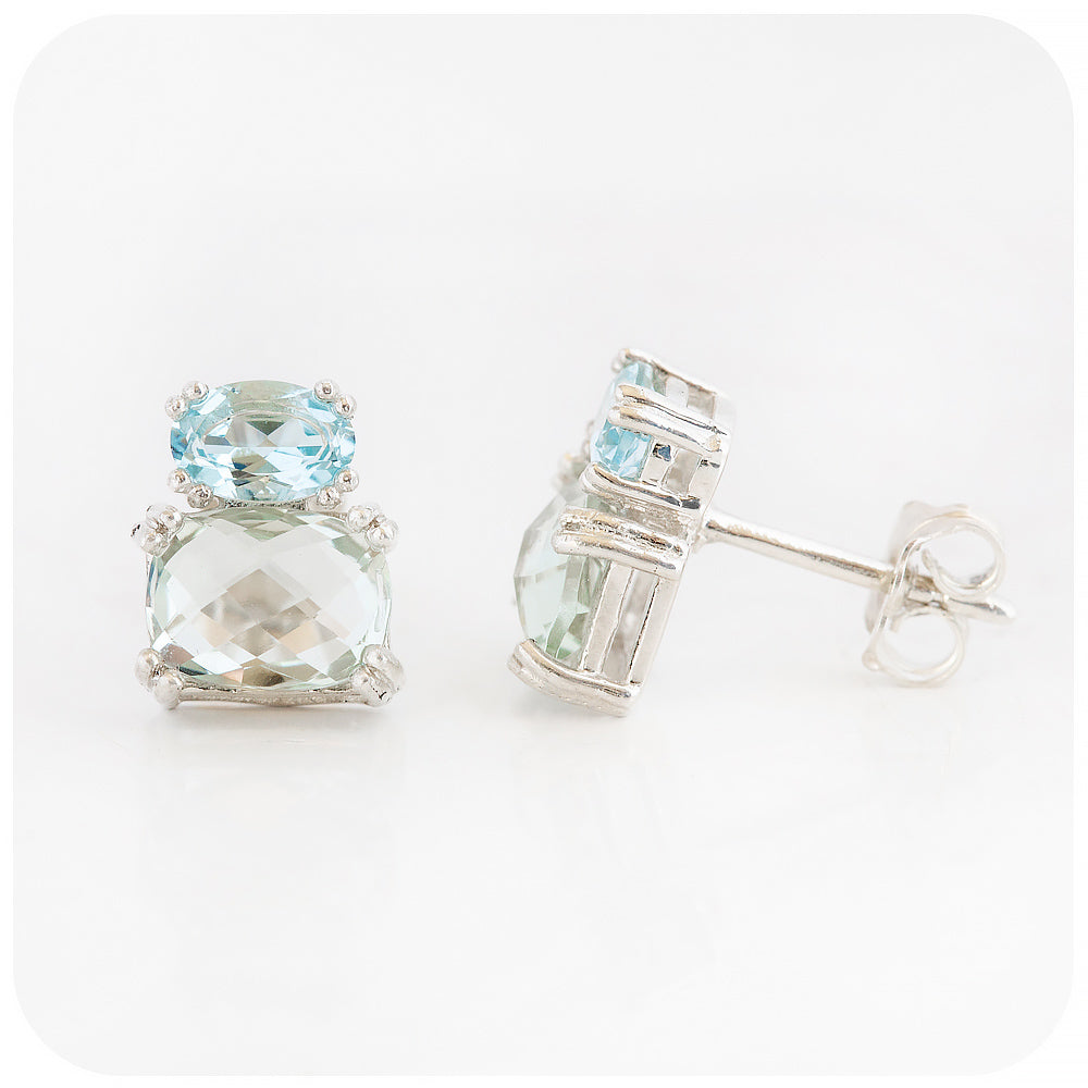 sky blue topaz and prasiolite stud earrings in sterling silver