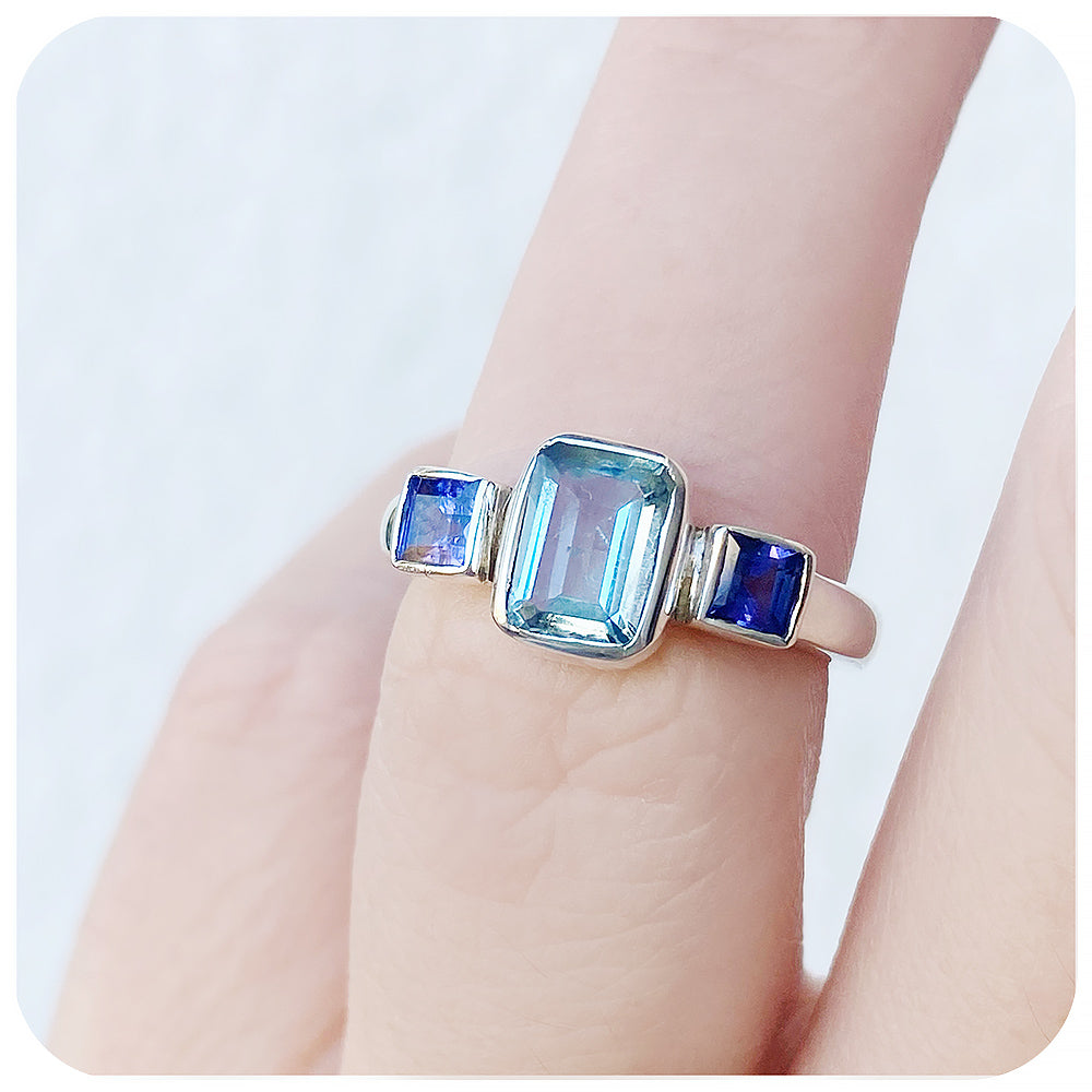 Topaz and Tanzanite Trilogy Ring in Silver - Victoria's Jewellery