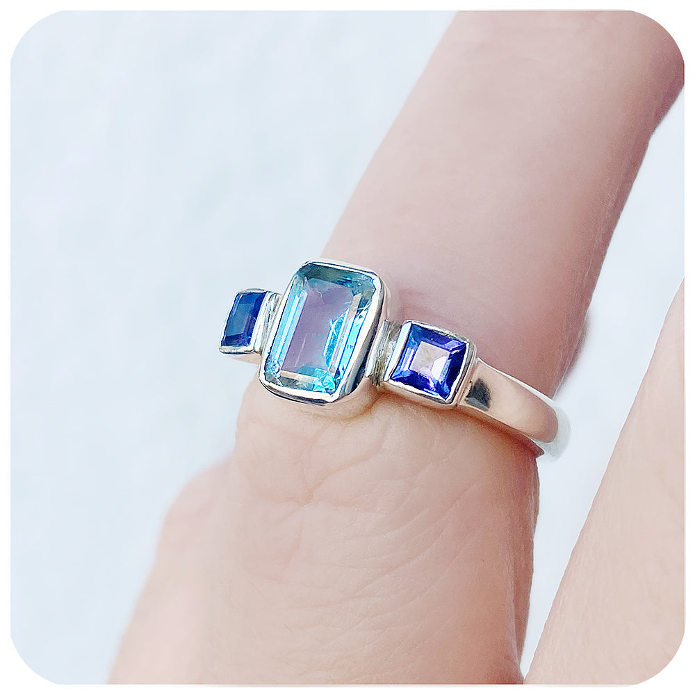 Topaz and Tanzanite Trilogy Ring in Silver - Victoria's Jewellery