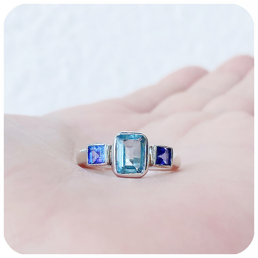 Topaz and Tanzanite Trilogy Ring in Silver - Victoria's Jewellery