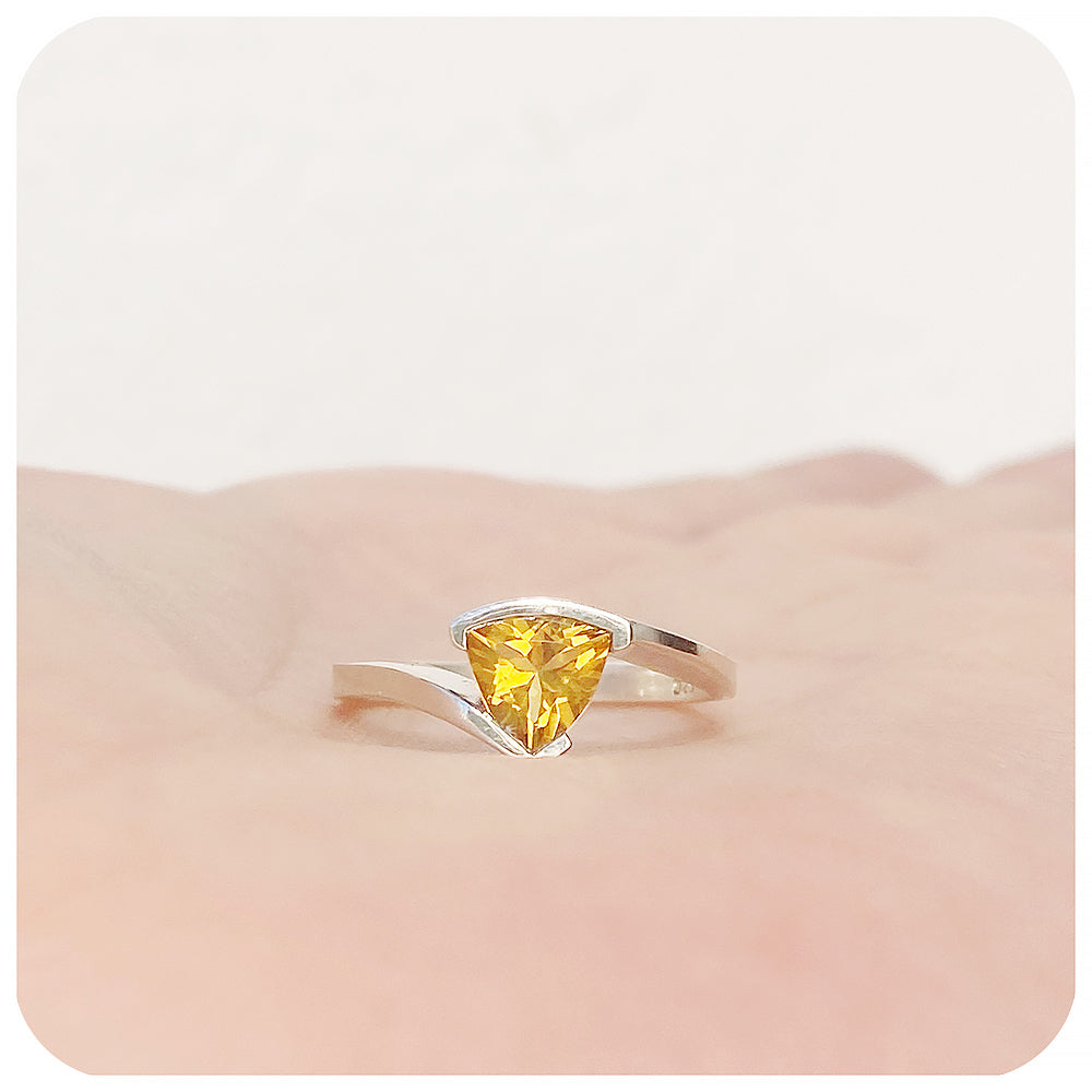 Trillion cut Yellow Citrine Solitaire Anniversary Ring - November birthstone - Victoria's Jewellery