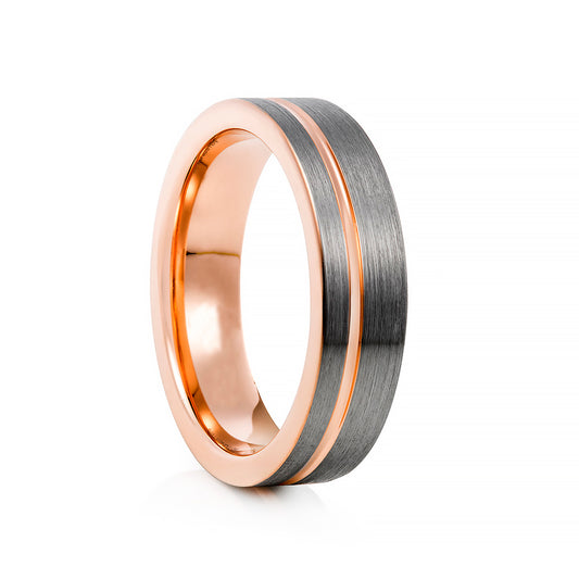 Brushed Silver and Rose Gold Groove Mens Tungsten Wedding Ring - Victoria's Jewellery