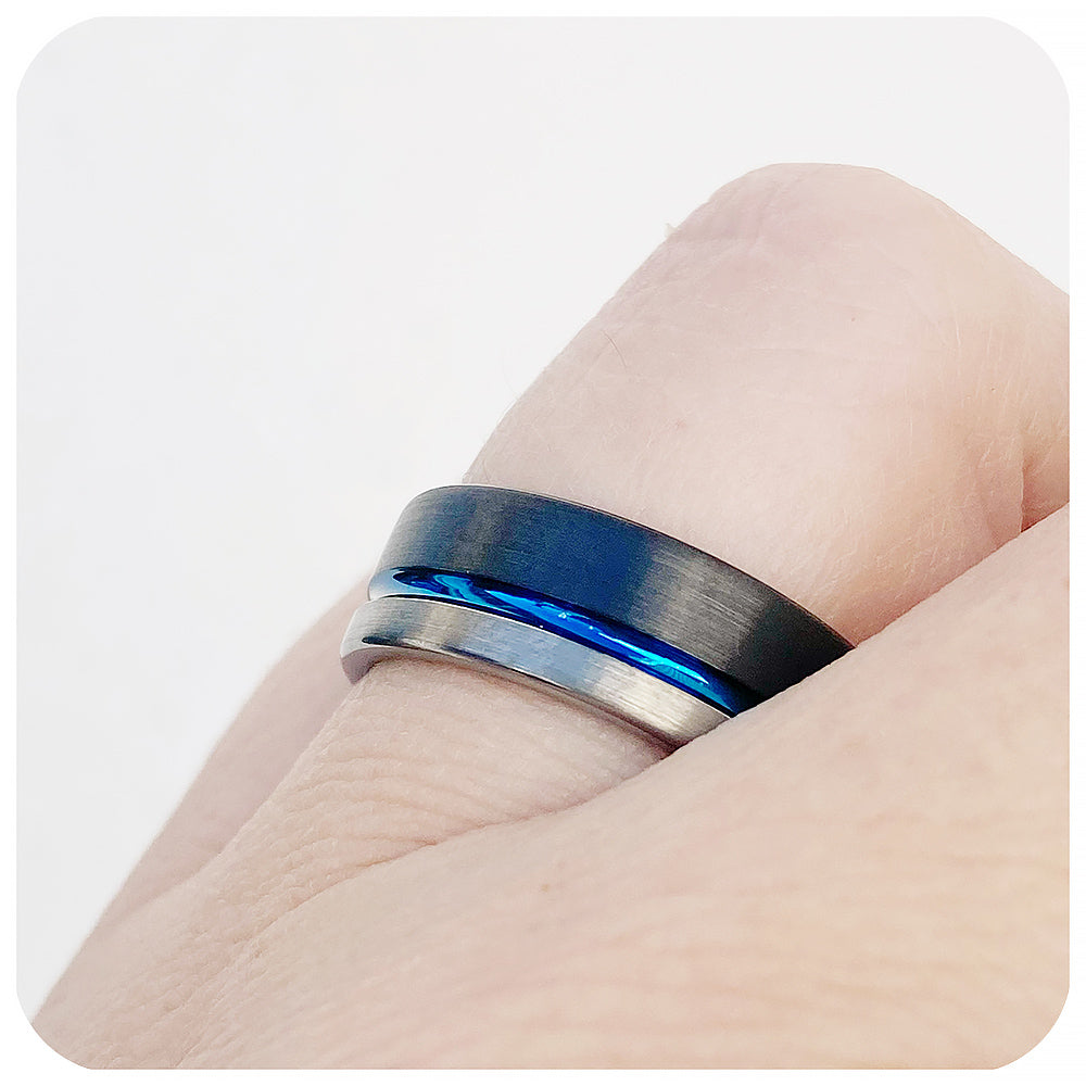 Gregory, Black, Silver and Blue Groove Tungsten Men's Ring