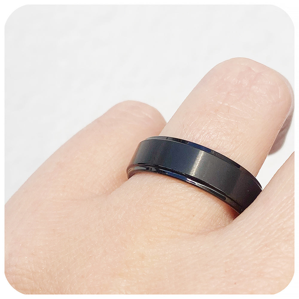 Chase, a Black Tungsten Brushed Surface with Bevelled Edges Ring - 8mm