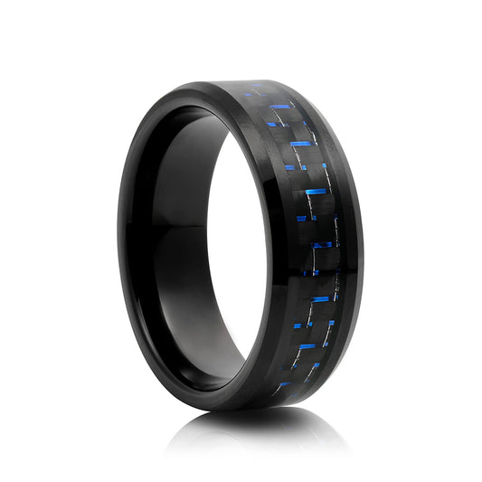 Sam, a Men's Tungsten Ring with Black and Blue Carbon Fiber Inlay - 8mm
