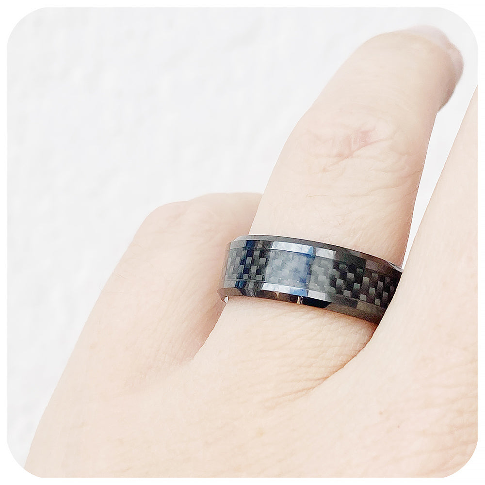 mens engagement wedding ring in tungsten with carbon fibre inlay - Victoria's Jewellery