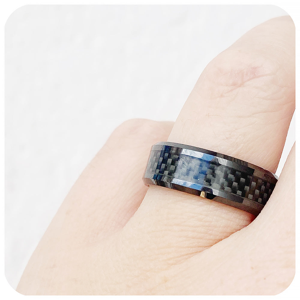 mens engagement wedding ring in tungsten with carbon fibre inlay - Victoria's Jewellery
