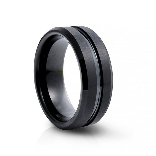 Black grooved tungsten mens wedding ring - Victoria's Jewellery