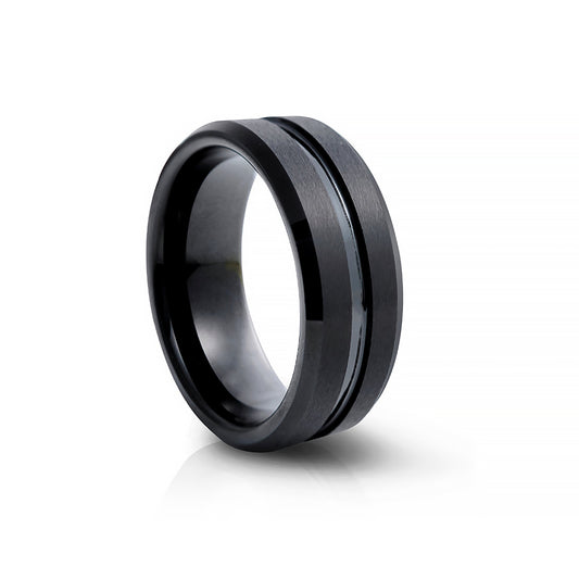 Black grooved tungsten mens wedding ring - Victoria's Jewellery