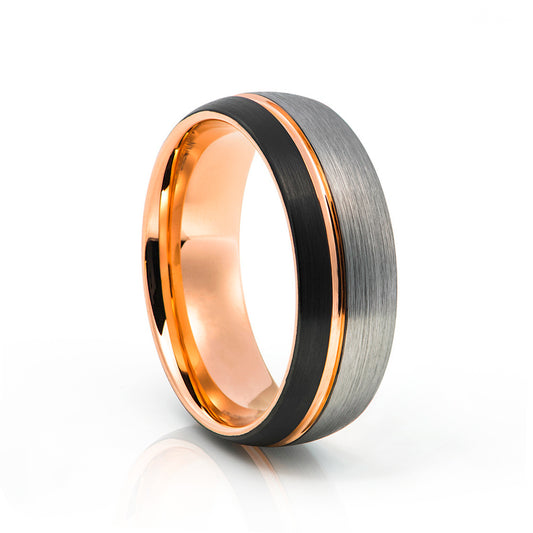 Black, Rose Gold and Silver, brushed mens tungsten wedding ring - Victoria's Jewellery