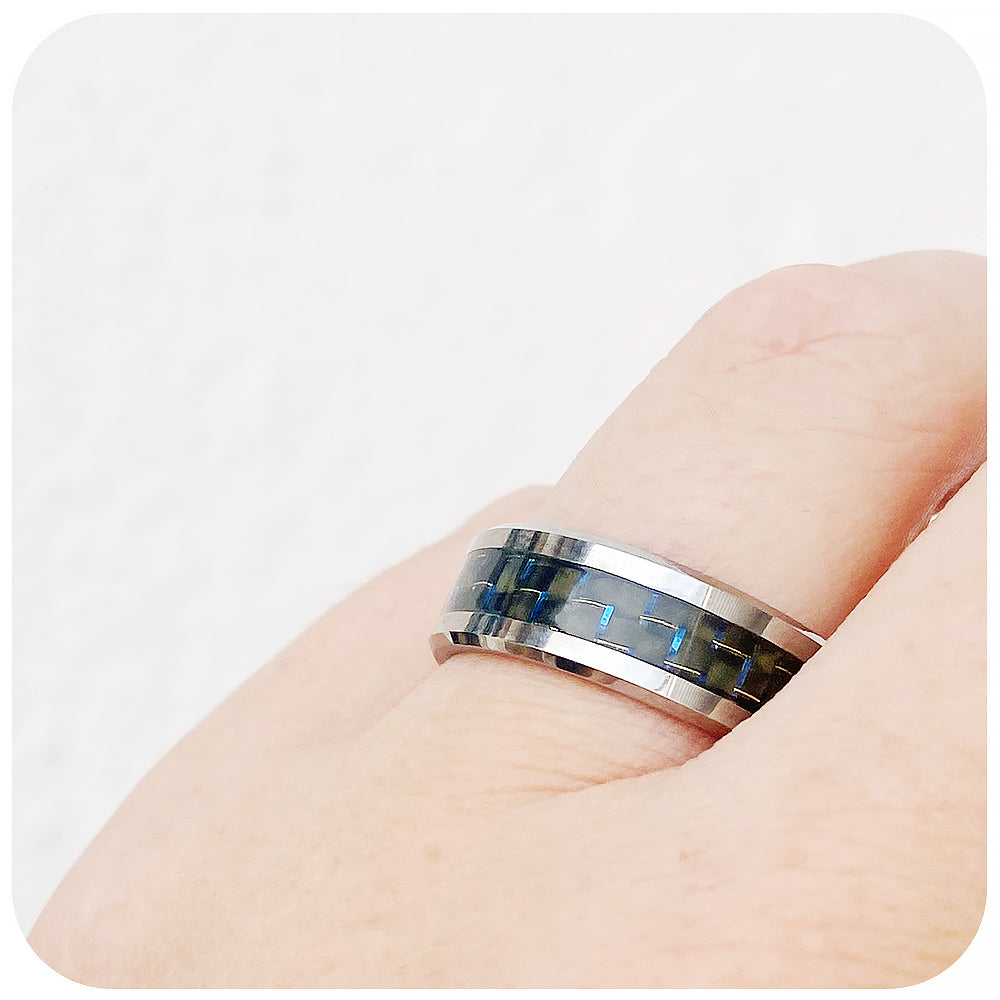 Tungsten ring store with blue inlay