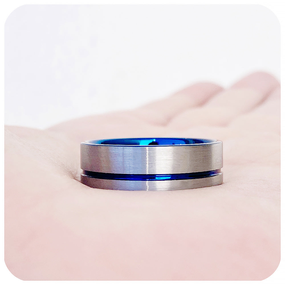 Asher, The Blue Brushed Surface Men's Tungsten Ring - 8mm