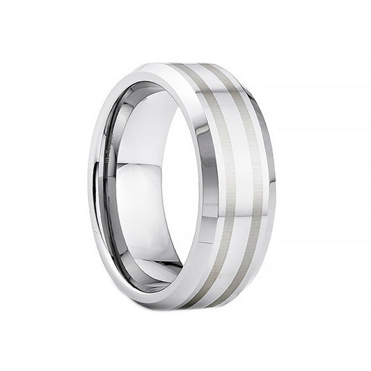 Brushed and Polished Silver Tungsten Mens Wedding Ring - Victoria's Jewellery