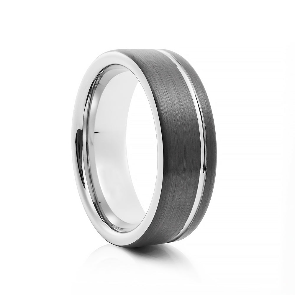 Silver Groove Black Brushed Tungsten Mens Wedding Ring - Victoria's Jewellery