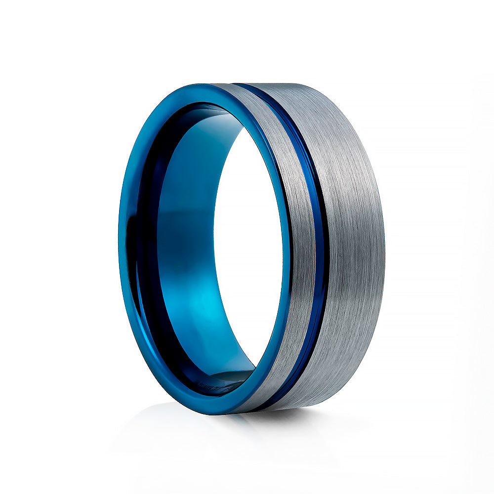 Blue Groove and Silver Brushed Tungsten Mens Wedding Ring - Victoria's Jewellery